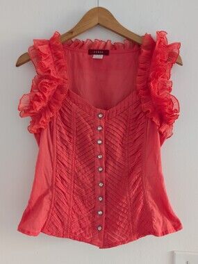 90's Lightweight Cotton Ruffled Sleeveless Button-Front Blouse